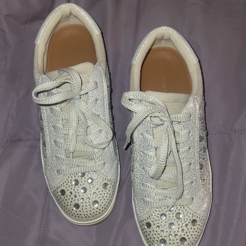 Women's Glitter Rhinestone Lace-Up Sneakers in Cream - Picture 2 of 2